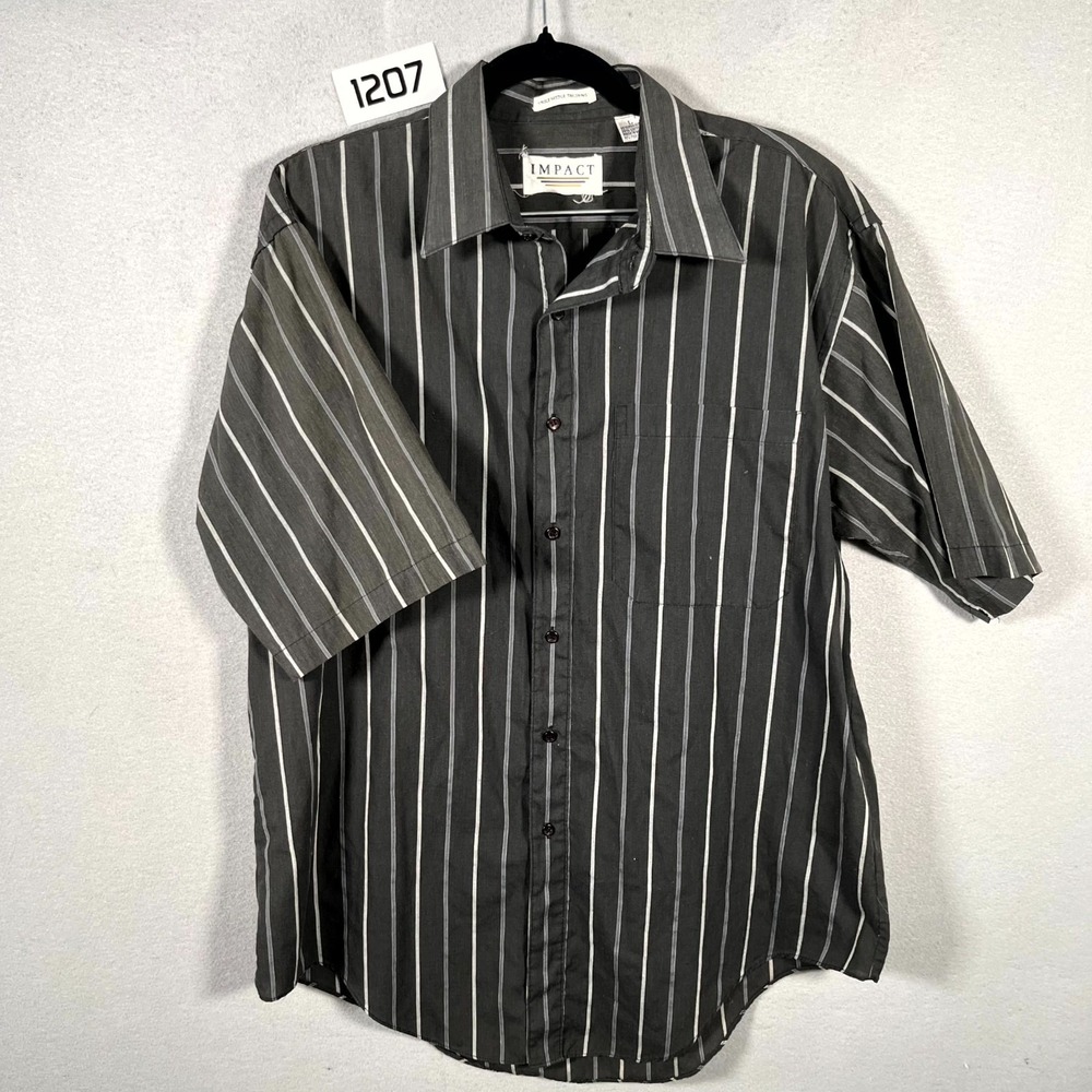 Vintage Made in Korea Impact-Shirt Men Large Black White Striped Short Sleeve